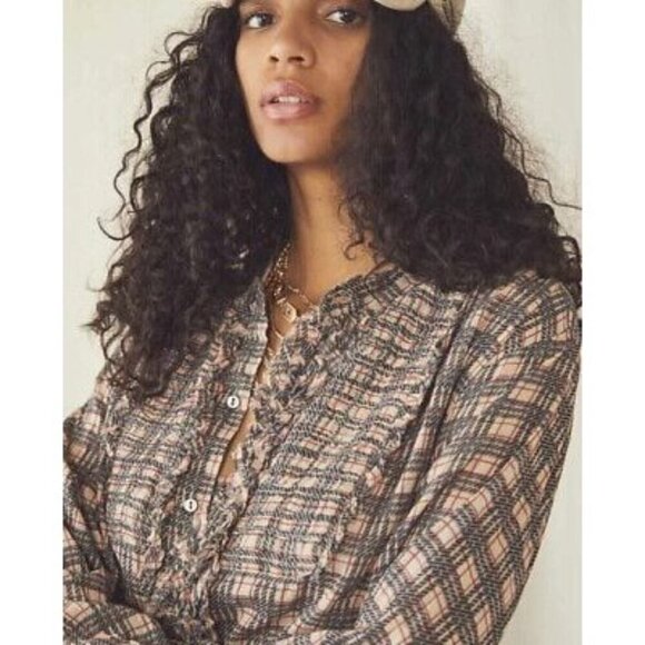 Free People Size Small  Plaid Miles Tuxedo Long Sleeve Blouse Top Ruffle - Picture 3 of 10